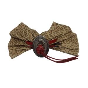 80s Leopard Kid Suede & Red Leather French Barrette Bow with Silver Concho